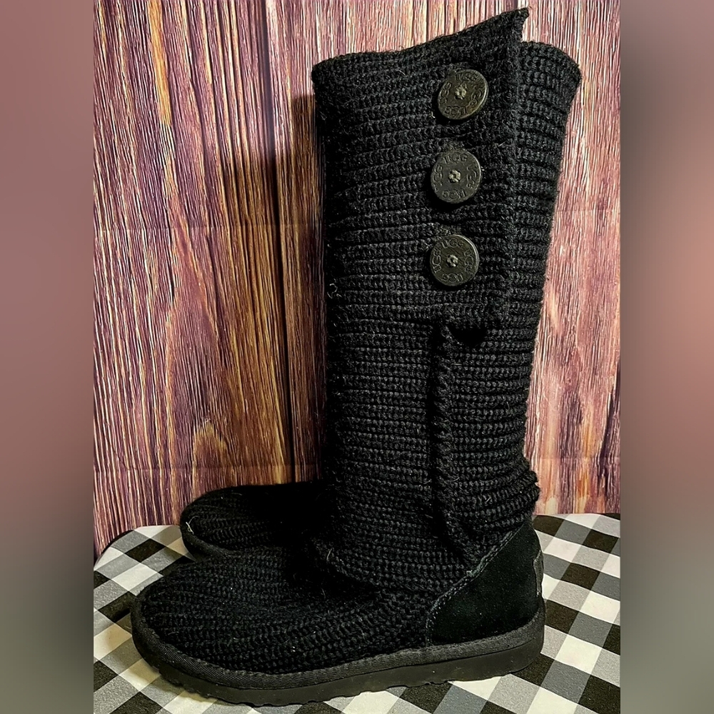 Ugg 5819 Cardy Black Woven Sweater Knit Slouch Boots Foldover Boots 6